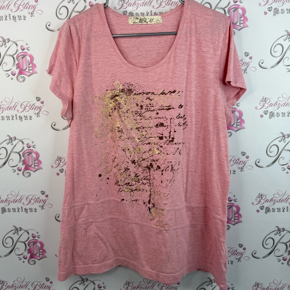 MXM T-shirt top light baby Pink and Gold Graphic Short Sleeve Tee black cursive